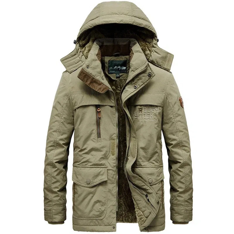 Color: Khaki, Size: XL - TELLHIGH 2024 Winter Parka Men Jacket Mens Plus Velvet Men Hooded Windbreaker Coats Men Casual Warm Jackets Coat Detachable Hat