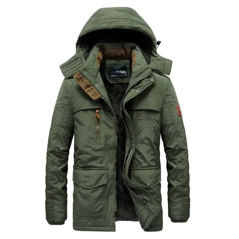 Color: Khaki, Size: XL - TELLHIGH 2024 Winter Parka Men Jacket Mens Plus Velvet Men Hooded Windbreaker Coats Men Casual Warm Jackets Coat Detachable Hat