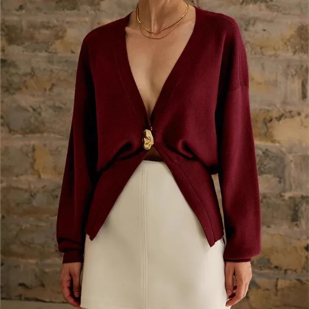 Color: Burgundy, Size: L - Women's Knitted Sweater with Elegant Temperament, Solid Color, Long Sleeved Buttons, Knitted Open