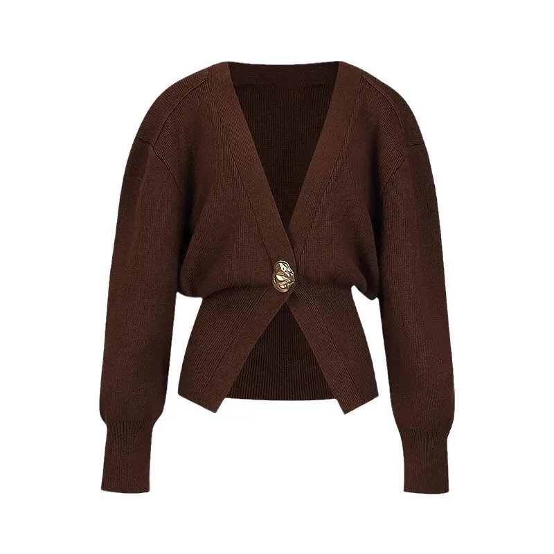 Color: Burgundy, Size: L - Women's Knitted Sweater with Elegant Temperament, Solid Color, Long Sleeved Buttons, Knitted Open