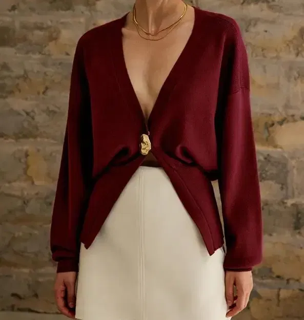 Color: Burgundy, Size: L - Women's Knitted Sweater with Elegant Temperament, Solid Color, Long Sleeved Buttons, Knitted Open