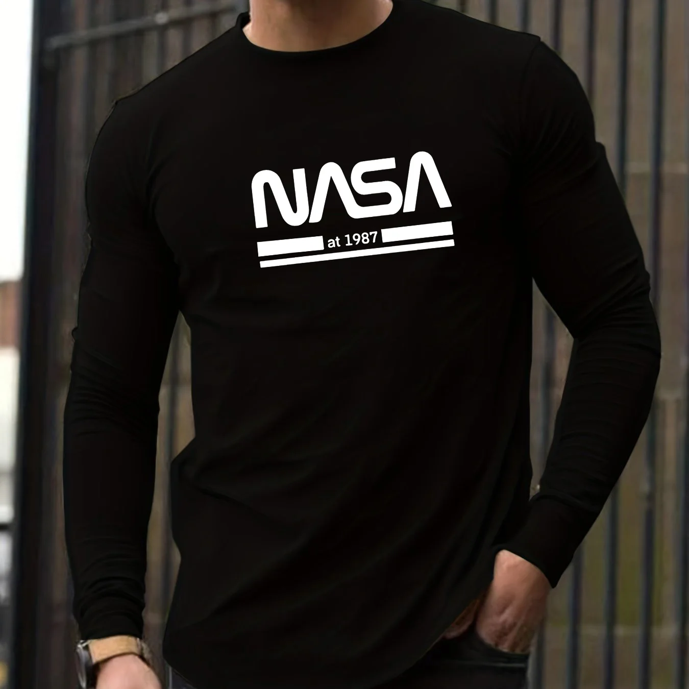 Color: Khaki, Size: M - Men's Spring and Autumn 100% Cotton Loose Comfortable Casual NASA Letter Printed Round Neck Long Sleeve T-shirt