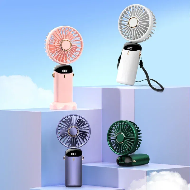 Color: Dark Green - Handheld Mini Fan 3000mAh Foldable Portable Neck Hanging Fans 5 Speed USB Rechargeable Fan with Phone Stand and Display Screen