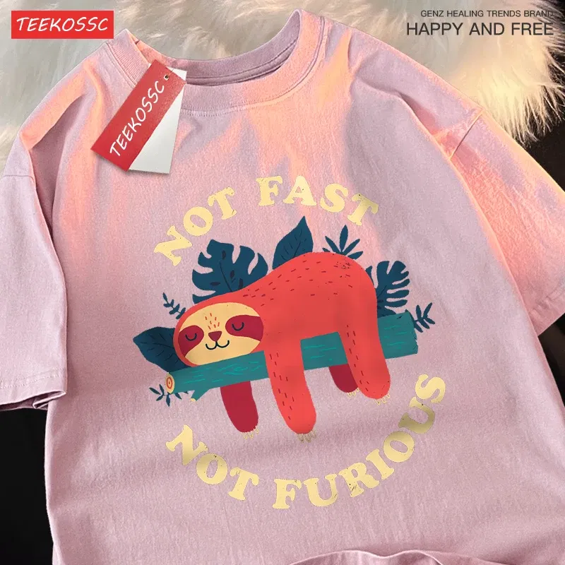 Color: WHITE, Size: M - Not Fast Not Furious Cute Sloth Male T Shirts Hip Hop Crewneck Short Sleeve Summer Cotton Tops Casual Sweat Oversized T-Shirts