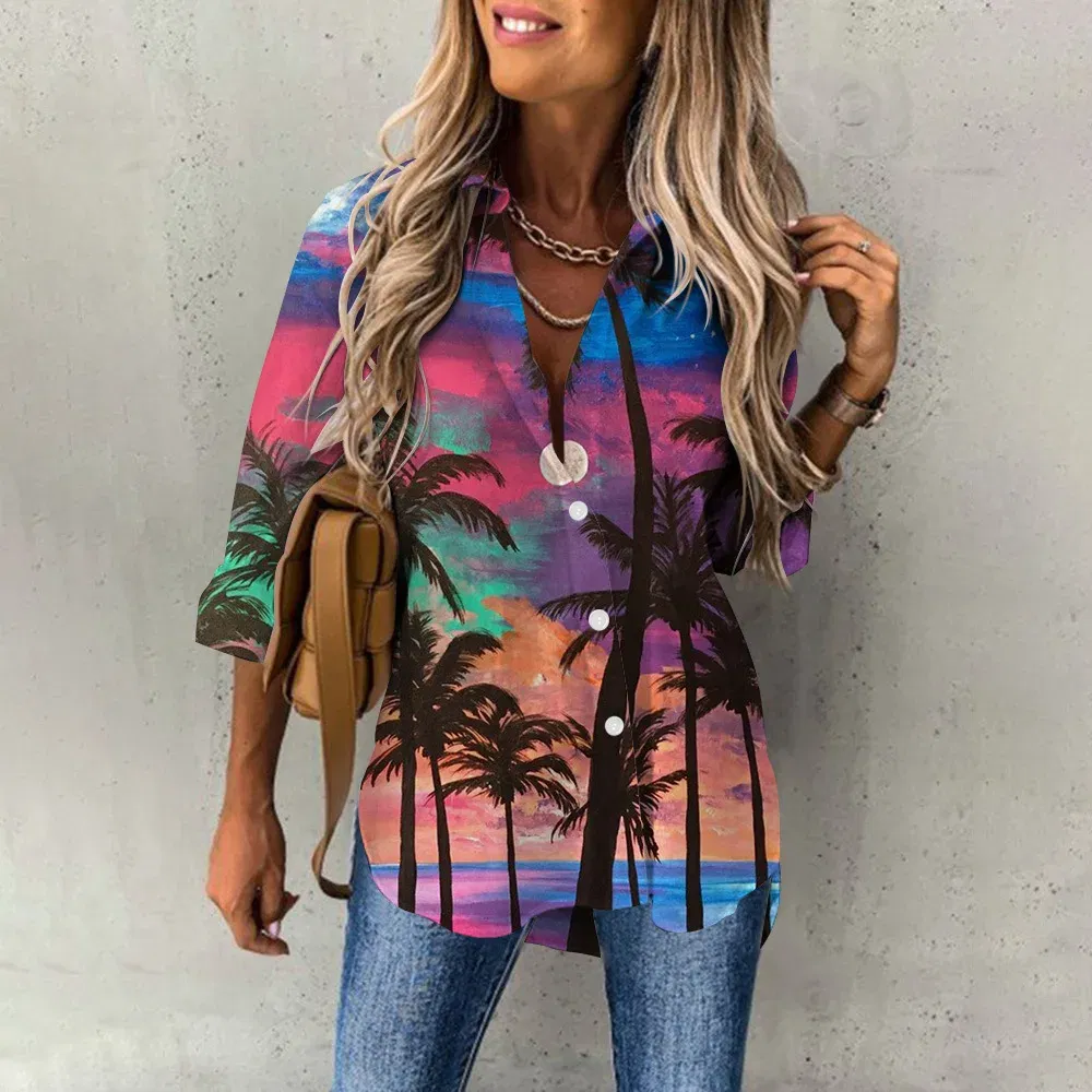 Color: Beige, Size: XXXL - Ladies Long Sleeved Shirt Vacation Style Coconut Tree 3D Digital Printed Button Up Collar Loose Casual Ladies Blouse 2024 Autumn