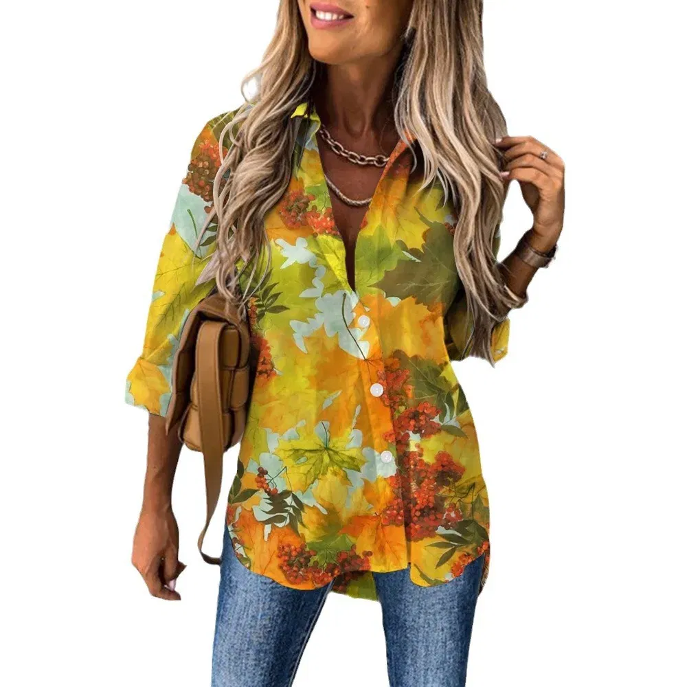 Color: Beige, Size: XXXL - Ladies Long Sleeved Shirt Vacation Style Coconut Tree 3D Digital Printed Button Up Collar Loose Casual Ladies Blouse 2024 Autumn