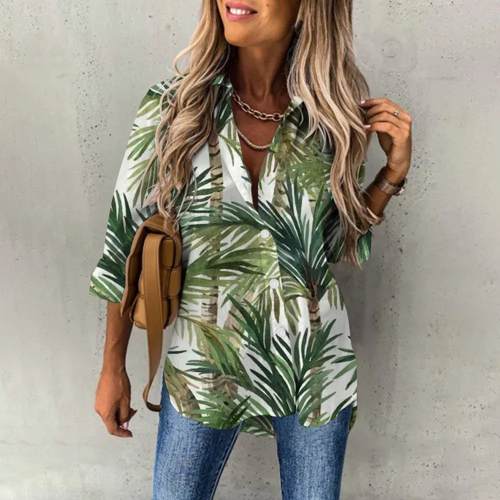 Color: Beige, Size: XXXL - Ladies Long Sleeved Shirt Vacation Style Coconut Tree 3D Digital Printed Button Up Collar Loose Casual Ladies Blouse 2024 Autumn