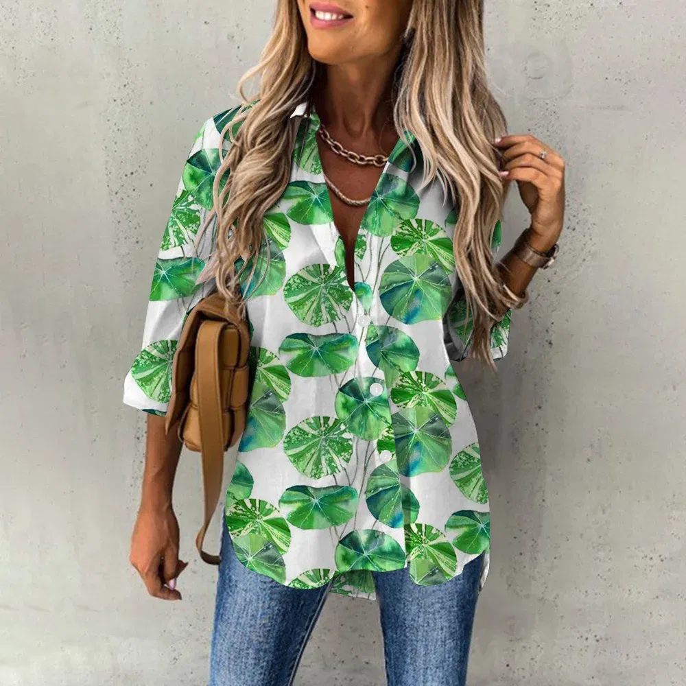 Color: Beige, Size: XXXL - Ladies Long Sleeved Shirt Vacation Style Coconut Tree 3D Digital Printed Button Up Collar Loose Casual Ladies Blouse 2024 Autumn