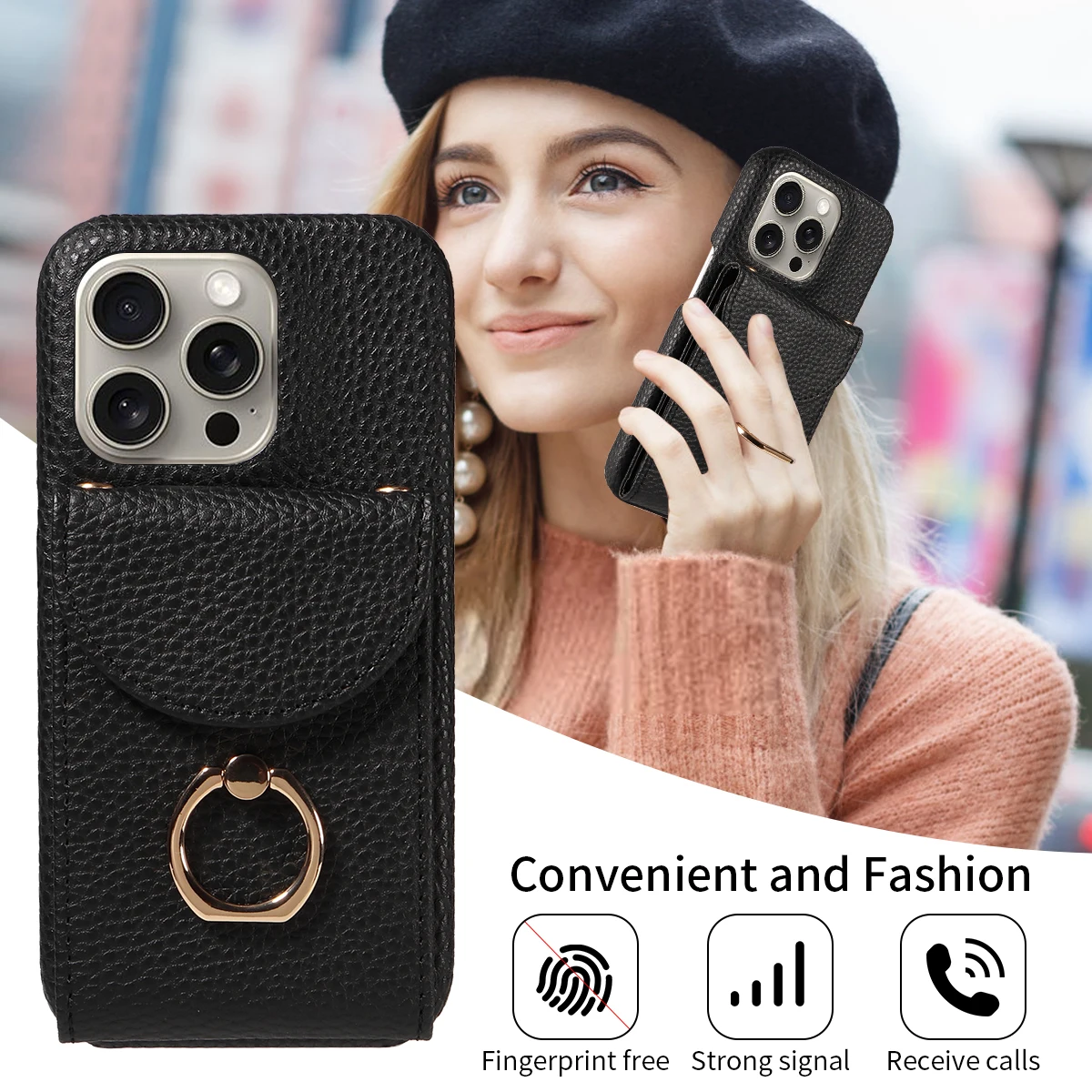 Color: black, Compatible-Phone Models: For iPhone 14, Bundle: Case & Strap, Material: Artificial Leather - High Quality Ring Stand Lychee Pattern Phone Case for IPhone16promax15 14 13 Crossbody with Lanyard PU Leather Anti-fall Cover