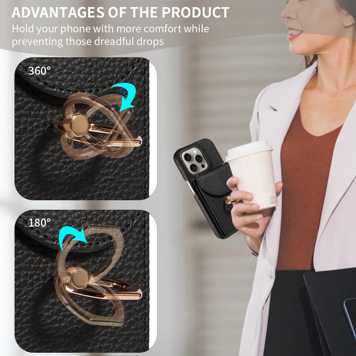 Color: black, Compatible-Phone Models: For iPhone 14, Bundle: Case & Strap, Material: Artificial Leather - High Quality Ring Stand Lychee Pattern Phone Case for IPhone16promax15 14 13 Crossbody with Lanyard PU Leather Anti-fall Cover