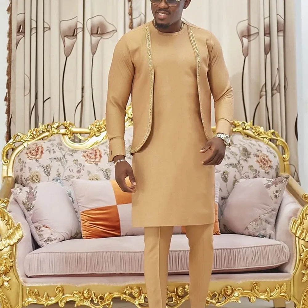 Color: Orange, Size: M - 2024 New African Traditional Men's Set Elegant and Fashionable Men's Suit Casual Embroidery Two Piece Set Men's Suit Kaftan