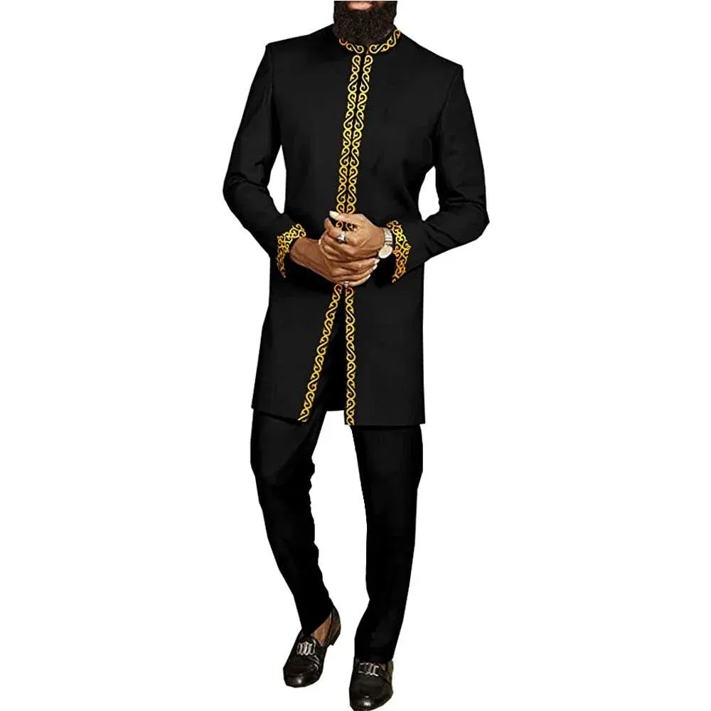 Color: Orange, Size: M - 2024 New African Traditional Men's Set Elegant and Fashionable Men's Suit Casual Embroidery Two Piece Set Men's Suit Kaftan