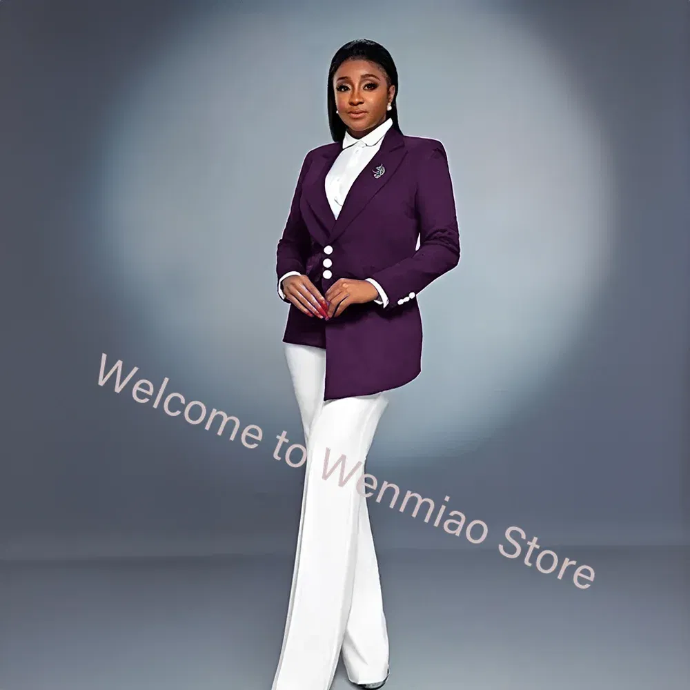 Color: PURPLE, Size: 6XL - Navy Women's Blazer 2-piece Set Fashionable Jacket Pants Set Ladies Suit Formal Business Workwear Office Lady Outfit