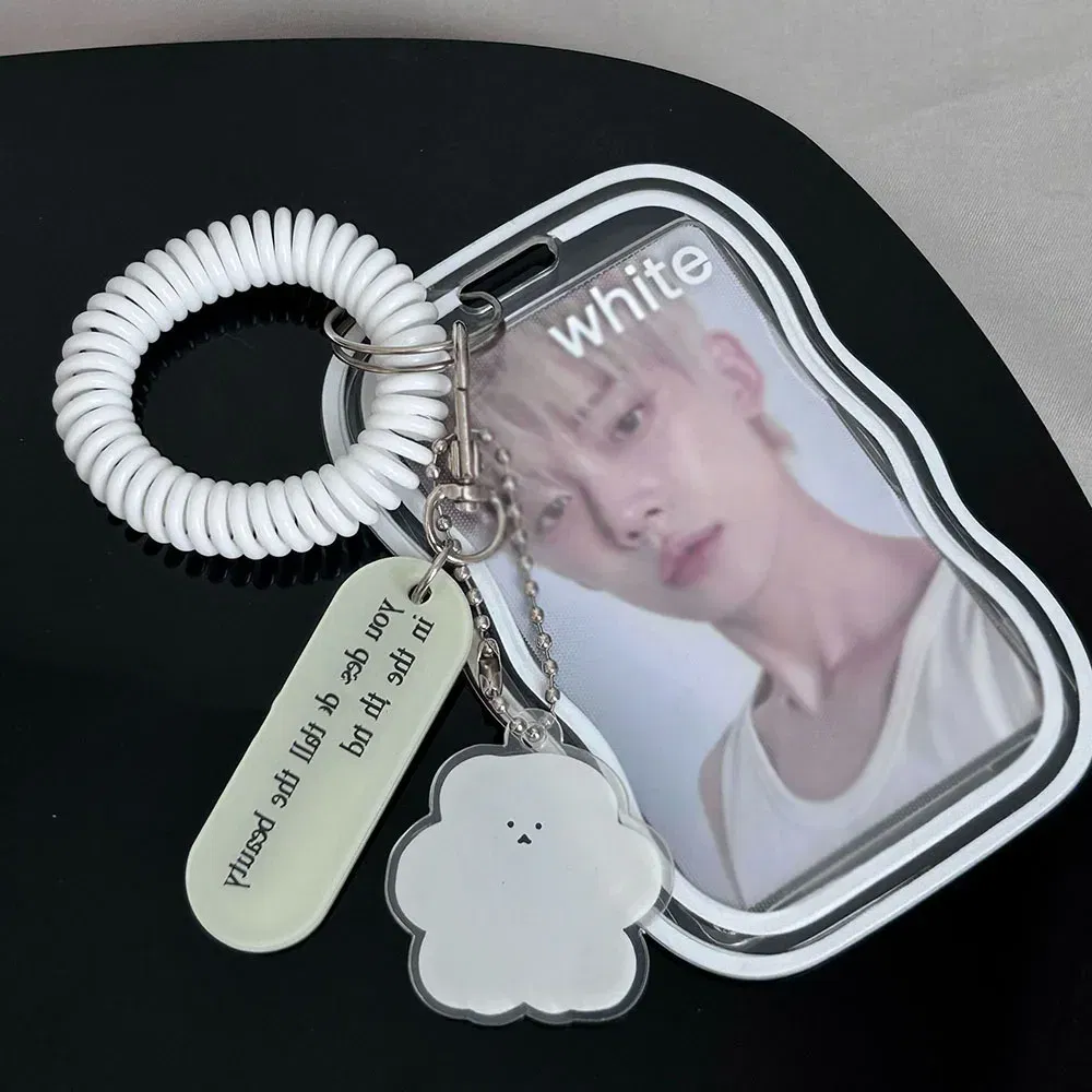 Color: Pink - INS Transparent Photocard Holder with Spring Keychain Idol Photo Protective Case 3 Inch Photo Card Holder Student ID Card Cover