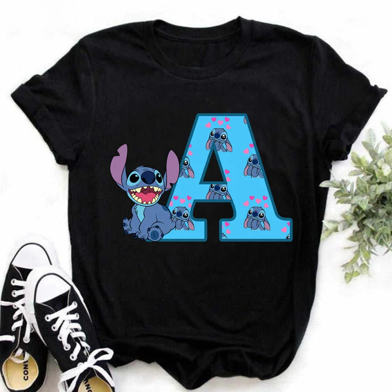 Color: Turquoise, Size: L - Disney Lilo&Stitch A-Z Alphabet Summer Women's Printed T-Shirt Women's Casual Tops T-Shirt Fashion Cartoon Plus Size T-Shirt