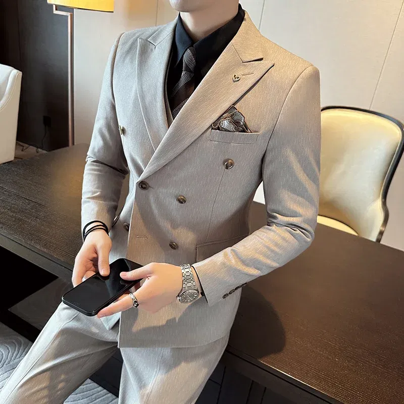 Color: Blue, Size: L - 2025 Men's Double Breasted 3/2 Piece Business Casual Wedding Dress Suit with  Trousers Regular Fit Bridegroom High Sense