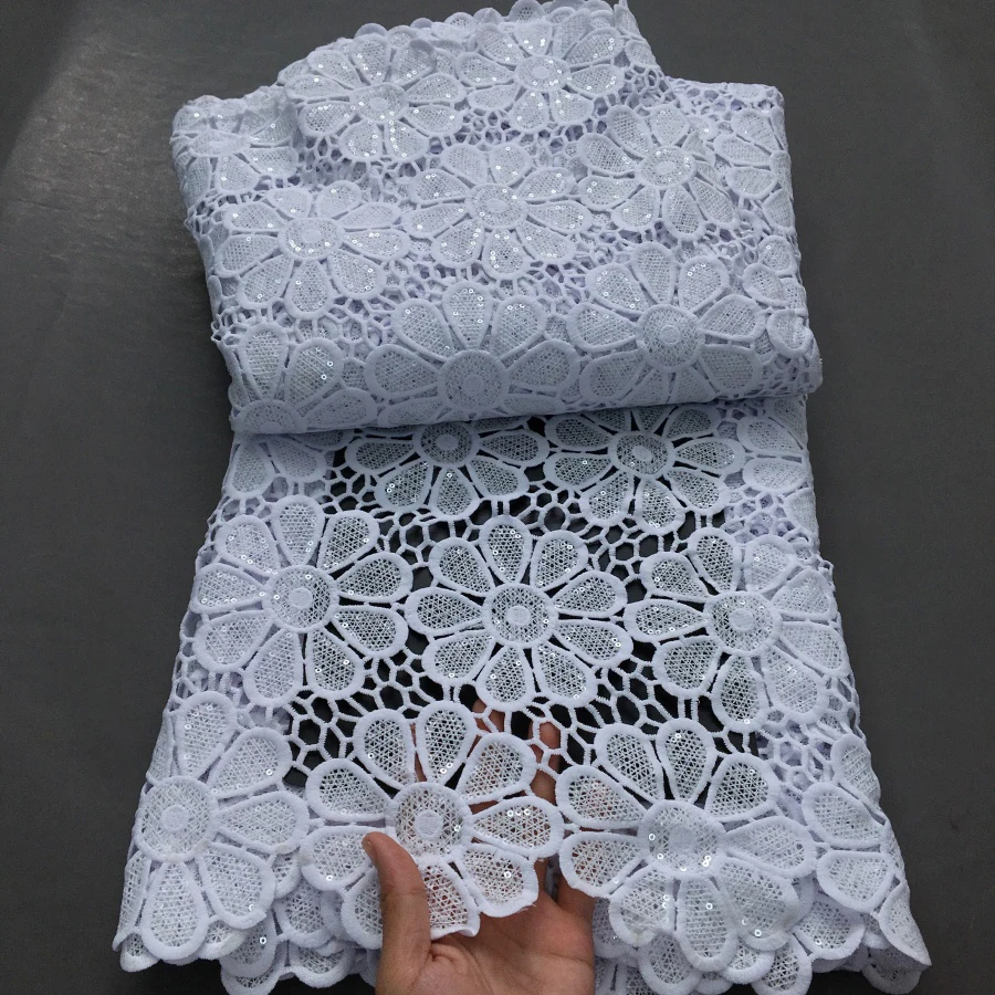 Color: Light Blue, Length: 5 yards, Width: 120cm - Nigerian Cord Guipure Lace Fabric High Quality 5 Yard Water Soluble White African Lace Fabric 2025 Elegant Dress for Women A4197