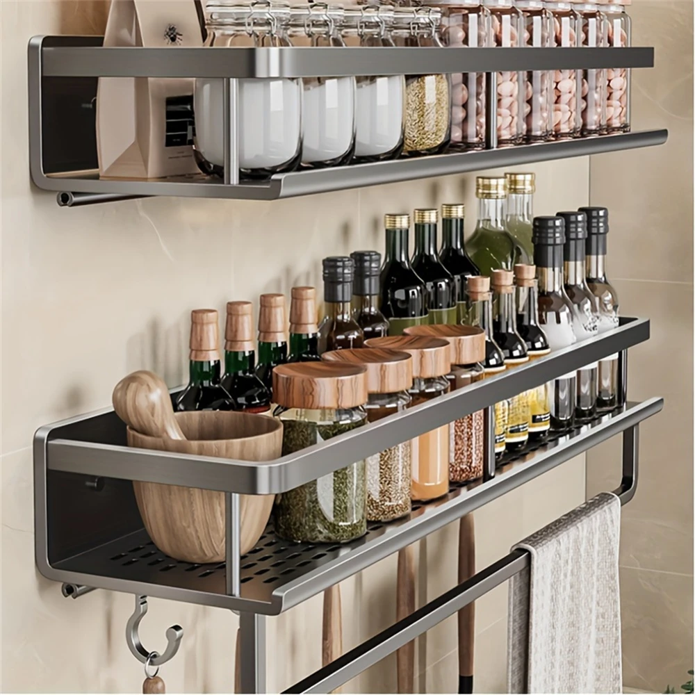 Color: Army Green - Multifunctional Kitchen and Bath Tray Wall-Mounted Aluminum Storage Rack Seasoning Bottle Storage Shelf Kitchen Storage Hooks