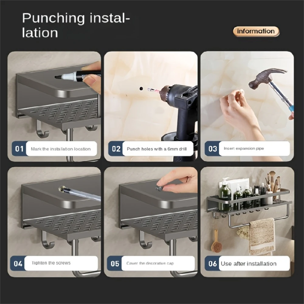 Color: Army Green - Multifunctional Kitchen and Bath Tray Wall-Mounted Aluminum Storage Rack Seasoning Bottle Storage Shelf Kitchen Storage Hooks