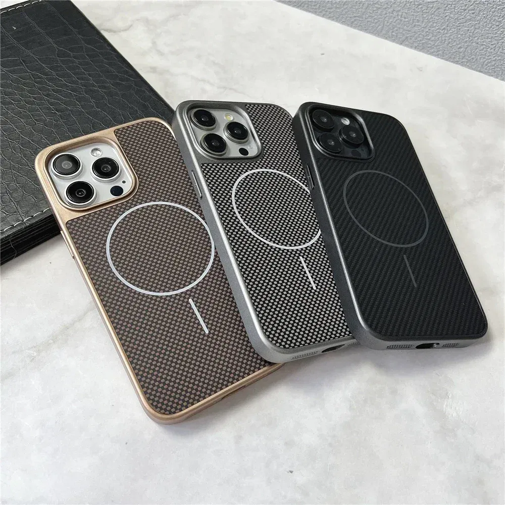 Color: Beige, Compatible-Phone Models: For iPhone 15 Pro Max - Carbon Fiber Textured Magnetic Phone Case For iPhone 16 Pro Max 15 14 13 12 Shockproof Soft Cover For Magsafe Wireless Charging