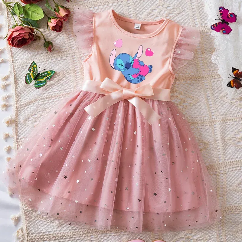 Color: SKY BLUE, Kid Size: 5 - Lilo Stitch Girls Sequin Tutu Dress with Bow Flutter Sleeves Summer Princess Party Outfit for Toddler Kids 2-6 Years