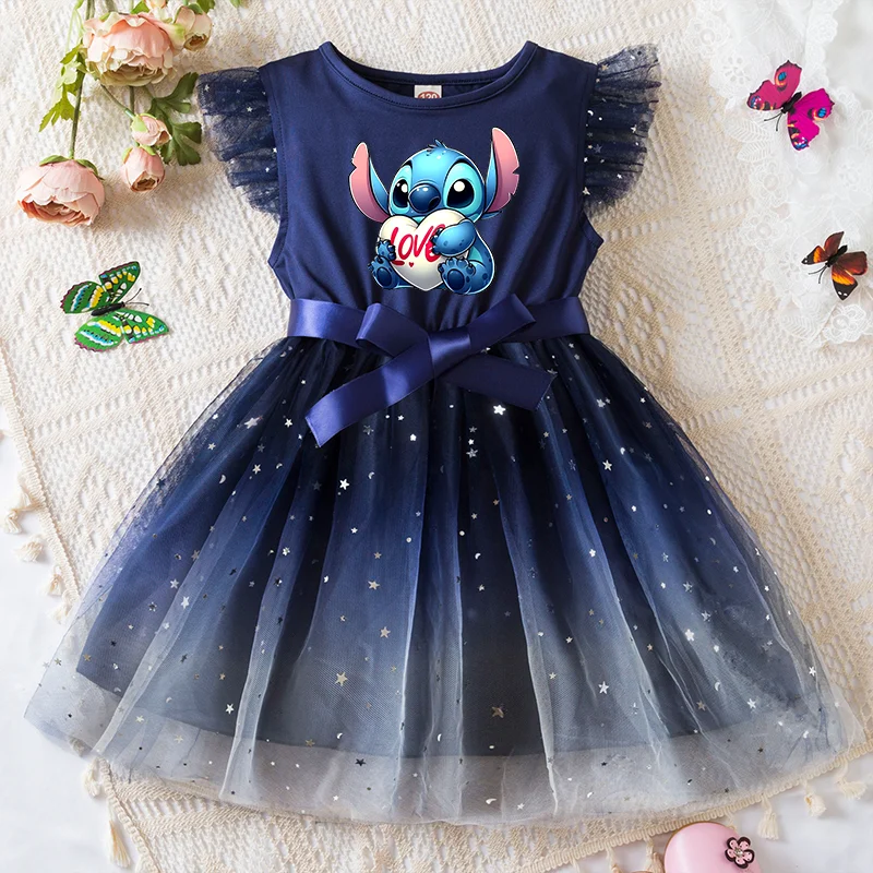 Color: SKY BLUE, Kid Size: 5 - Lilo Stitch Girls Sequin Tutu Dress with Bow Flutter Sleeves Summer Princess Party Outfit for Toddler Kids 2-6 Years