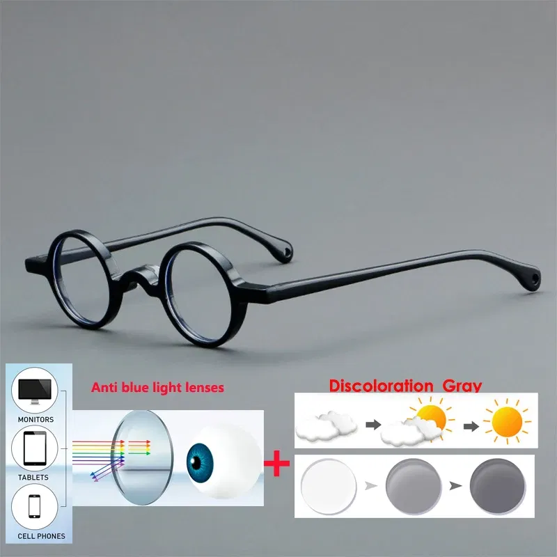 Frame Color: Black Green, Eye Prescription: +200 - VCKA Photochromic Acetate Myopia Glasses Men Retro Small Round Frames Women Custom prescription Anti-Blue  Eyewear -0.5 TO -10