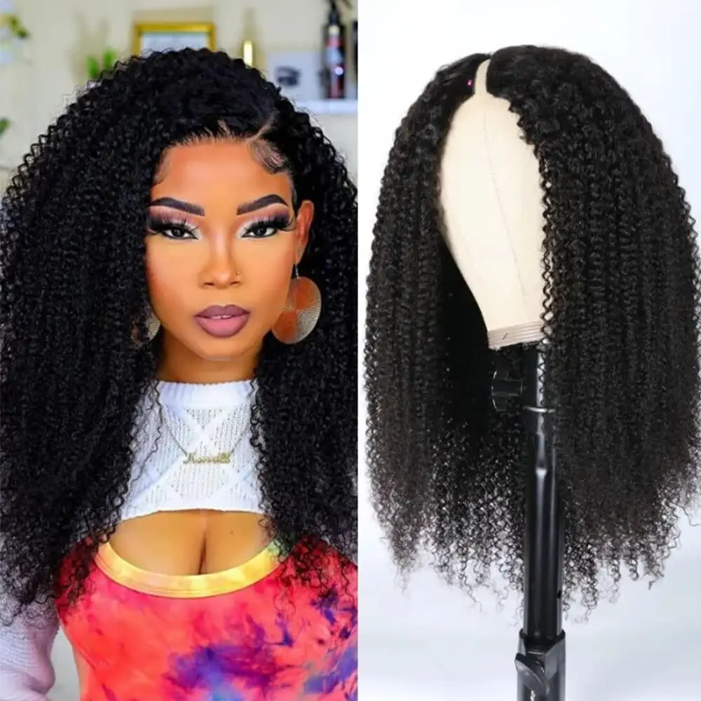 Hair Color: Natural Color, Stretched Length: 18inches, Density: 180% - Afro Kinky Curly V Part Human Hair Wigs No Leave Out Natural Black Machine Made Upgrade U Part Curly Wigs Indian Hair For Women
