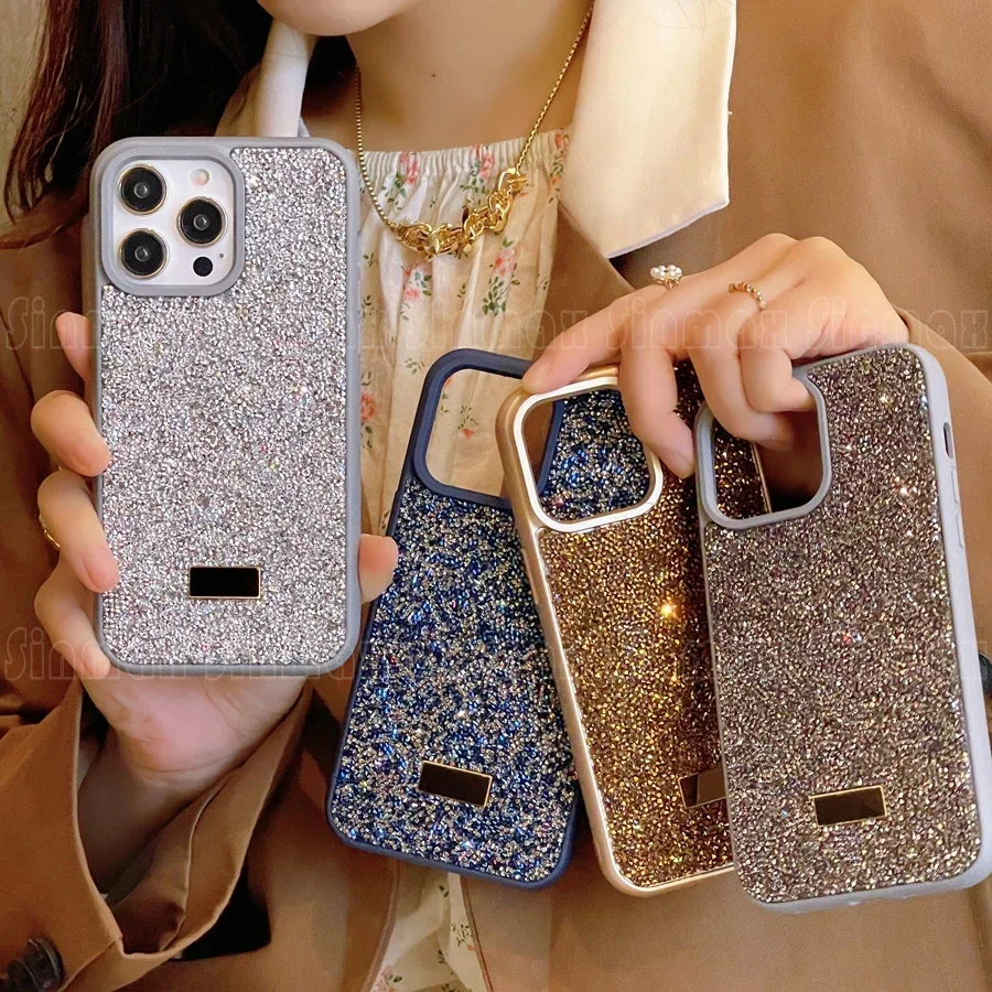 Color: Gold, Material: PU - Bling Glitter Phone Case For iPhone 16 15 14 13 12 Pro Max 11 Vogue Protective Soft Diamond Cover Coque Funda