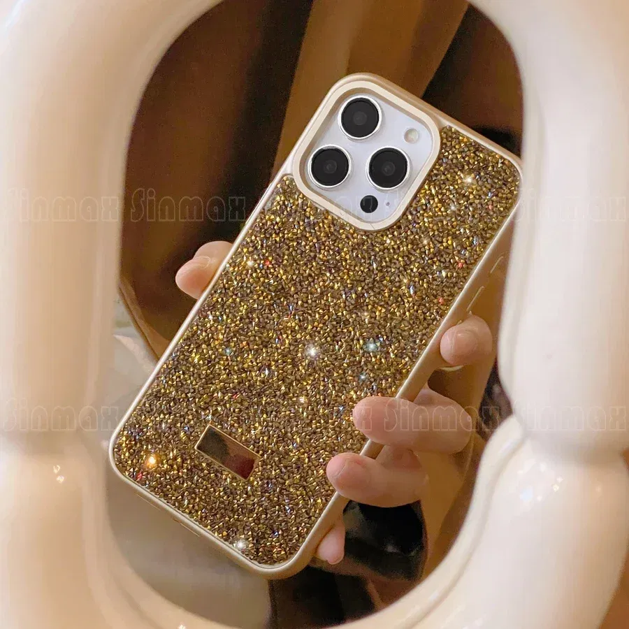 Color: Gold, Material: PU - Bling Glitter Phone Case For iPhone 16 15 14 13 12 Pro Max 11 Vogue Protective Soft Diamond Cover Coque Funda
