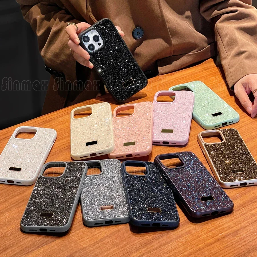 Color: Gold, Material: PU - Bling Glitter Phone Case For iPhone 16 15 14 13 12 Pro Max 11 Vogue Protective Soft Diamond Cover Coque Funda
