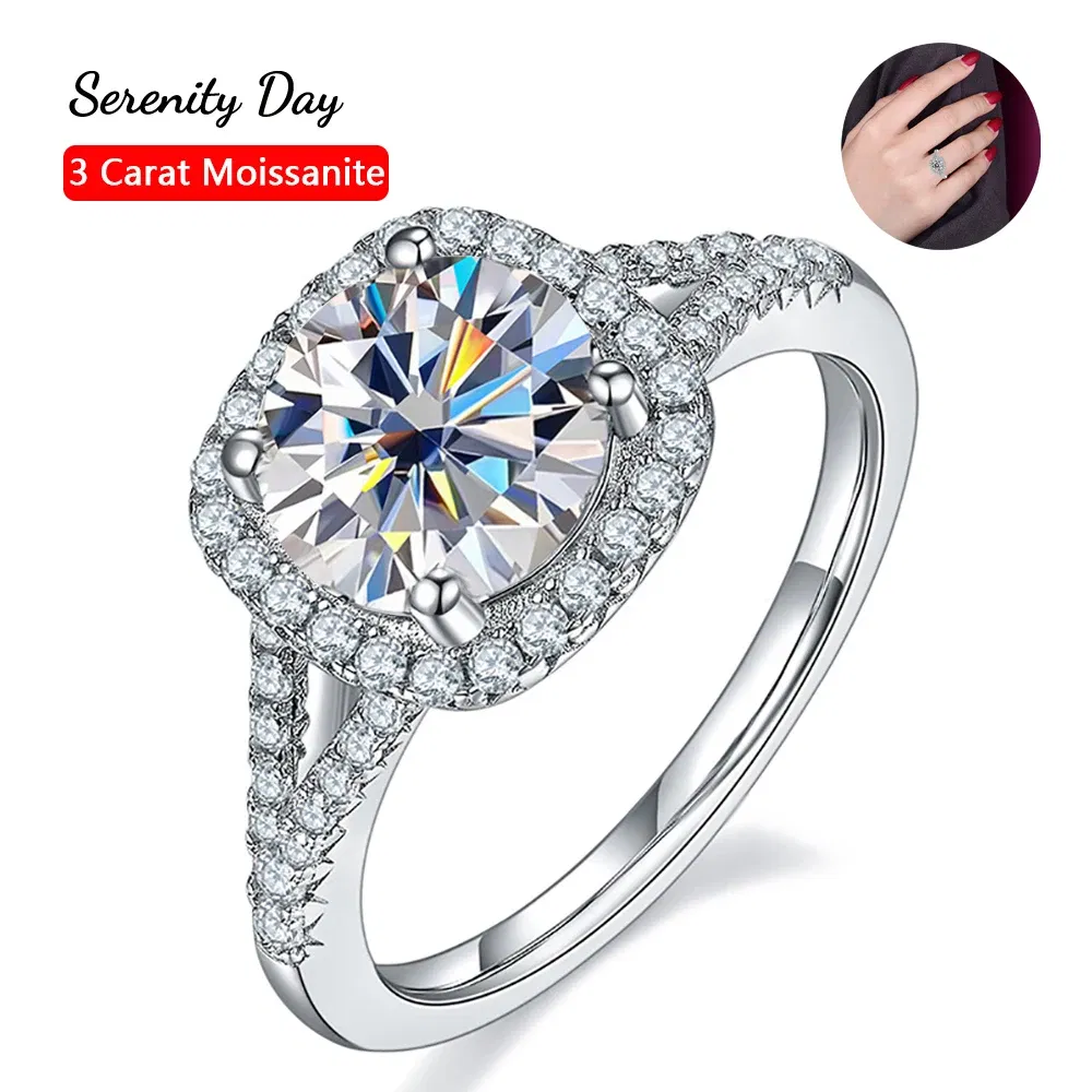 Metal Color: SILVER PLATED, Gem Color: WHITE, Ring Size: 7.5 - Serenity Day 1.5/2/3ct D Color Moissanite Row Rings For Women S925 Silver Square Bag Bands Slightly Inlaid Diamonds Fine Jewelry