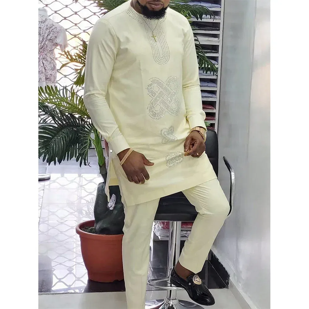 Color: green, Size: XXXL - 2024 New African Traditional Men's Set Elegant and Fashionable Men's Suit Casual Embroidery Two Piece Set Men's Suit Kaftan