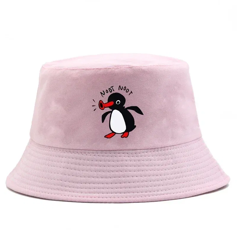 Color: Black - Summer Penguin Bucket Hat Reversible Bob Men Women Cotton Travel Beach Fisherman Hat Outdoor Sports Pull Up Bob Panama Sun Hat