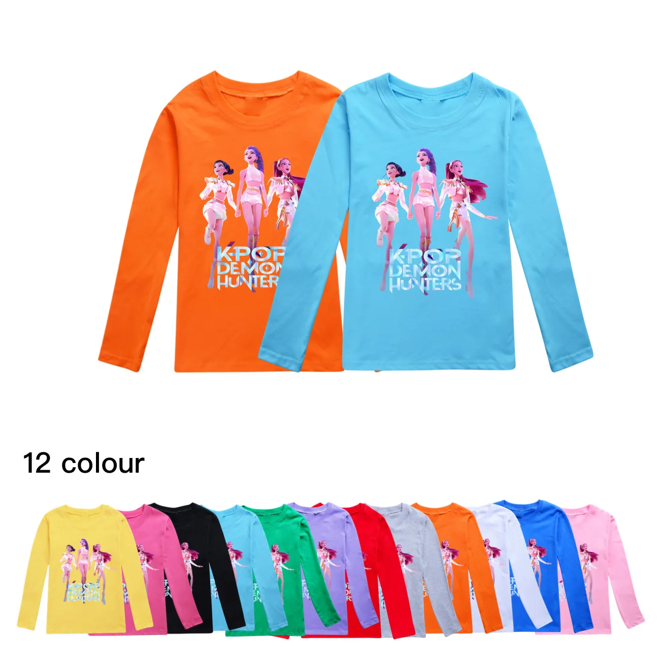 Color: Khaki, Kid Size: 6 - KPop Demon Hunters Huntrix Tshirt Kids Clothes Teenage Boys O-Neck Cartoon Casual T-shirts Girls Long Sleeve Tops Child Clothing