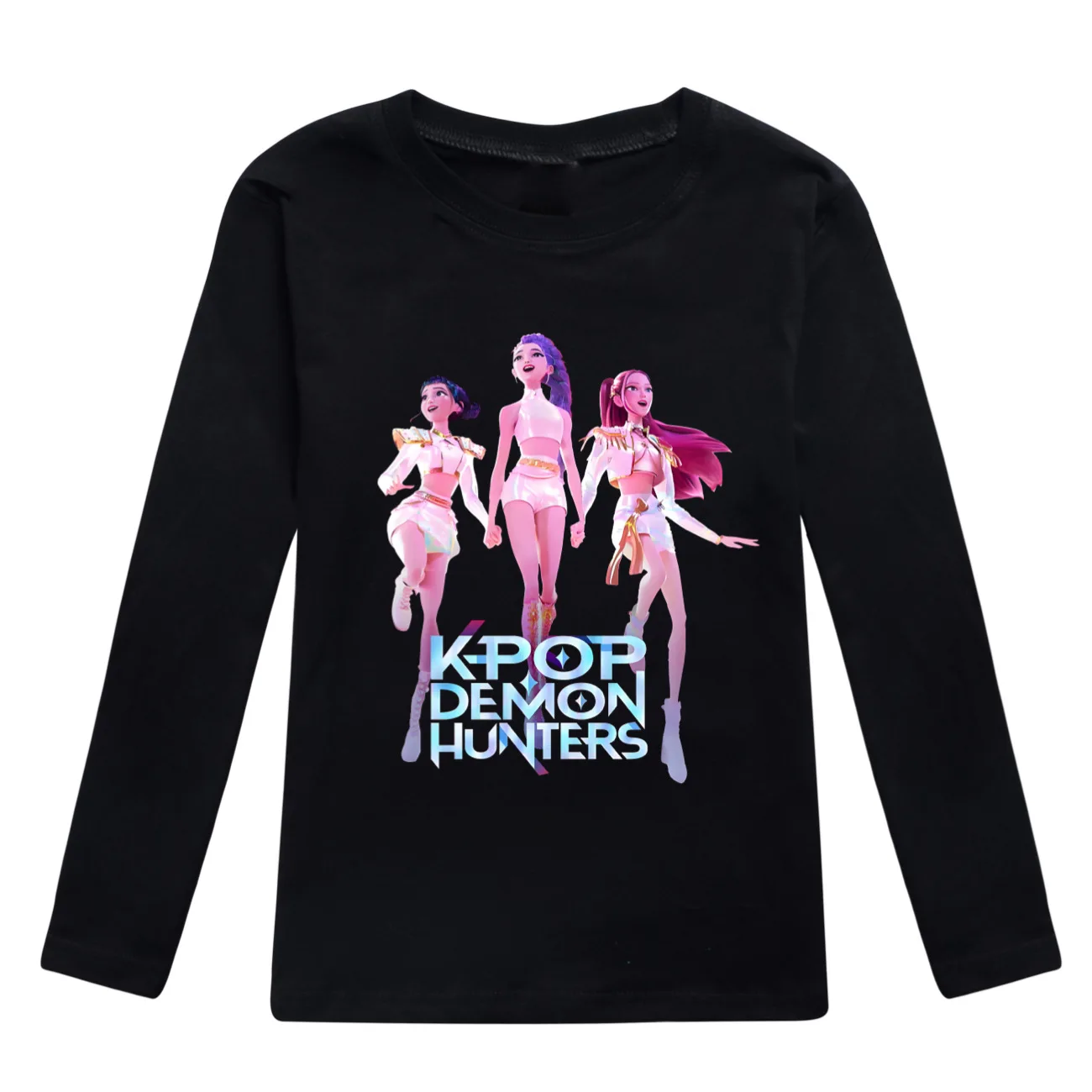 Color: Khaki, Kid Size: 6 - KPop Demon Hunters Huntrix Tshirt Kids Clothes Teenage Boys O-Neck Cartoon Casual T-shirts Girls Long Sleeve Tops Child Clothing