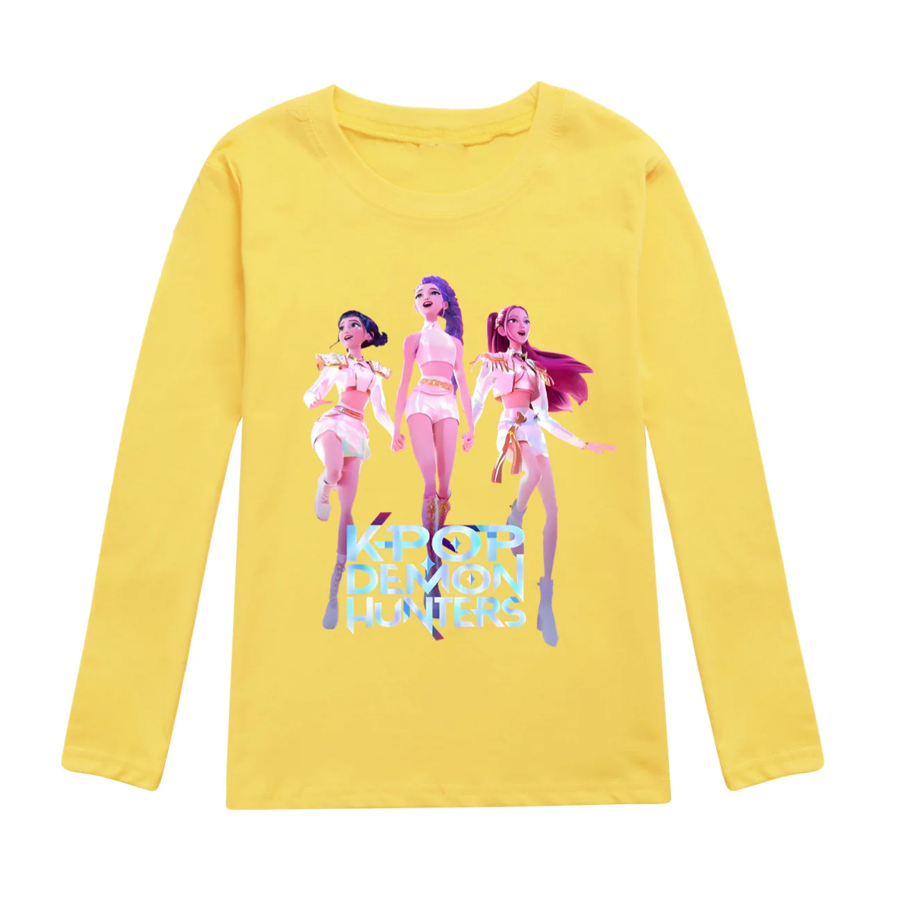 Color: Khaki, Kid Size: 6 - KPop Demon Hunters Huntrix Tshirt Kids Clothes Teenage Boys O-Neck Cartoon Casual T-shirts Girls Long Sleeve Tops Child Clothing