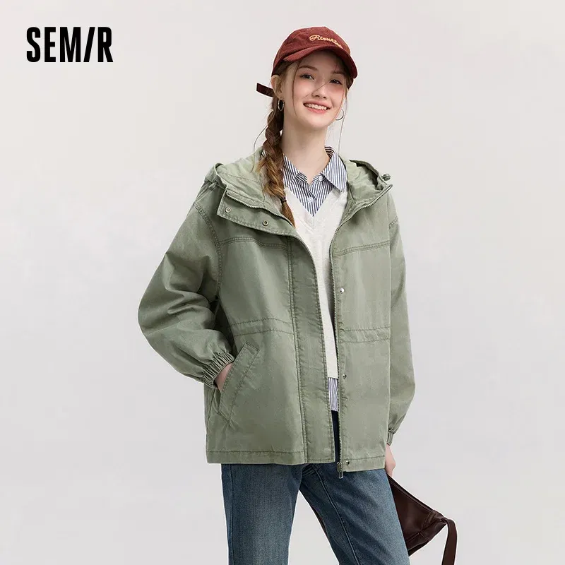 Semir Denim Jacket Women Mid-Length Loose Hooded 2025 New Spring Waist-Cinching Coat Retro Design for Fashion Outfits