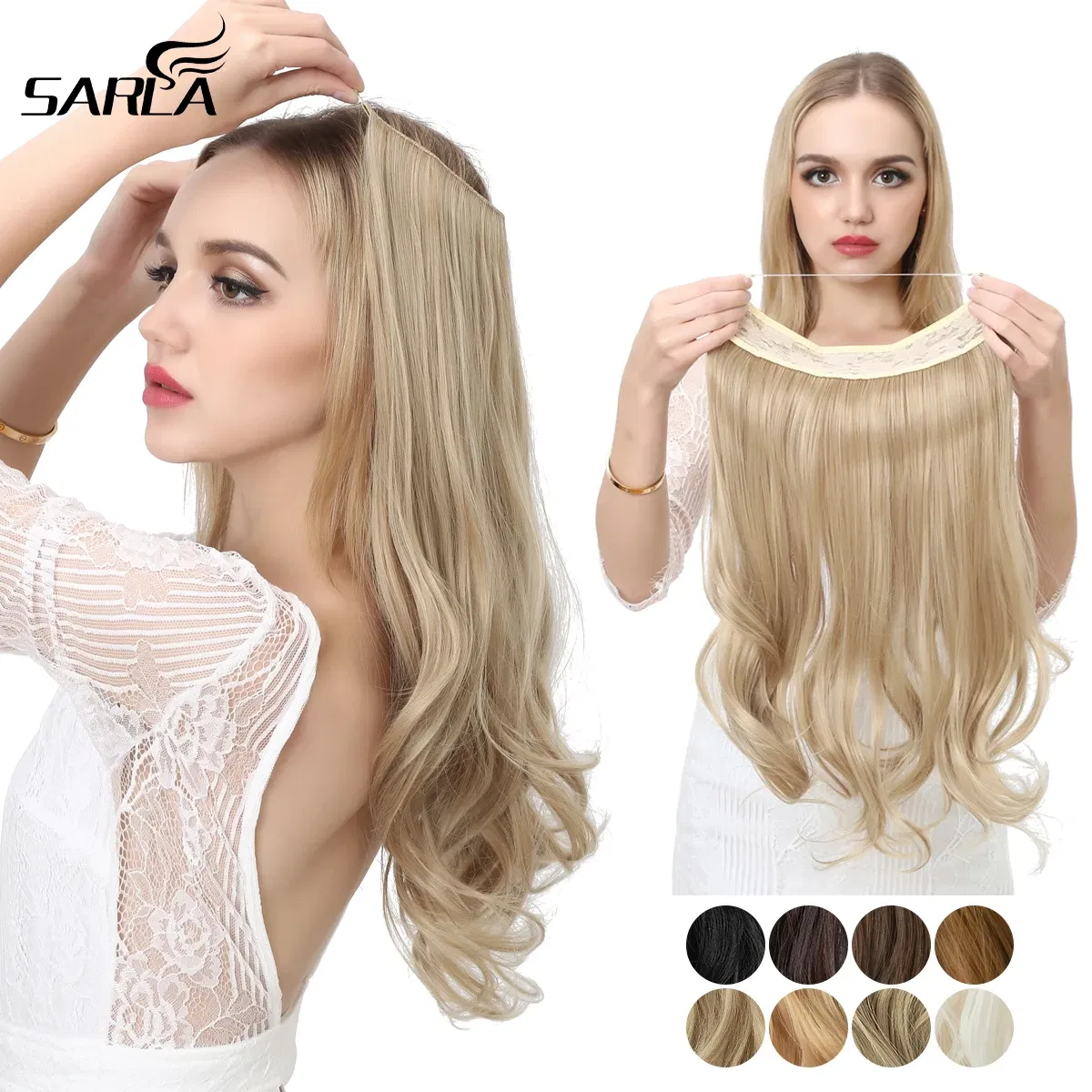 Color: T1B/33, Stretched Length: 14inches - Synthetic No Clip Wave Hair Extensions Ombre Natural Black Blonde Pink One Piece False Hairpiece Fish Line Fake Hair Piece