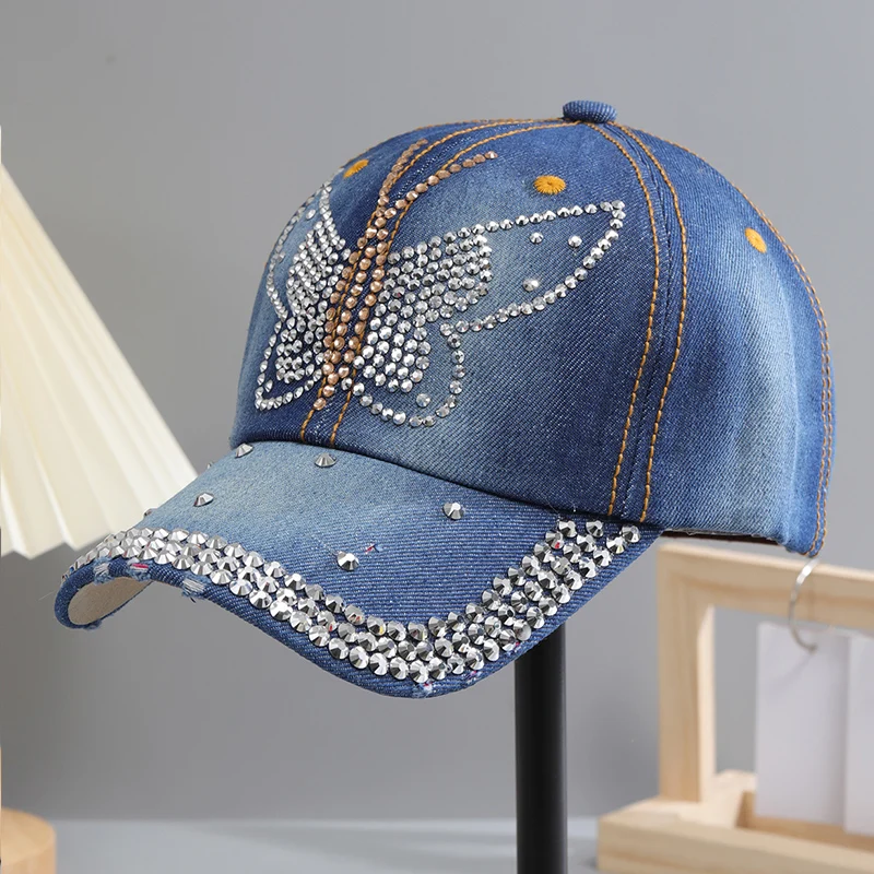 Color: Blue, Size: Adjustable - A Women?™s Sparkle Bling Rhinestone Bejeweled Cotton Denim Baseball Cap