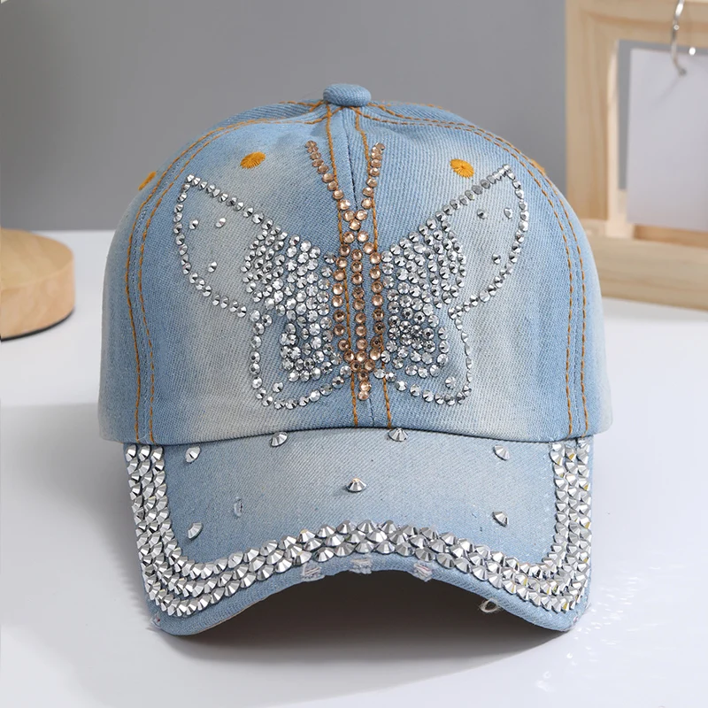 Color: Blue, Size: Adjustable - A Women?™s Sparkle Bling Rhinestone Bejeweled Cotton Denim Baseball Cap