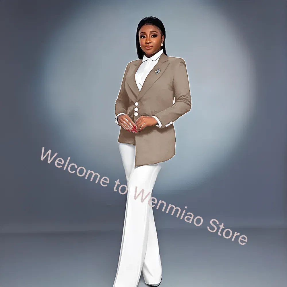 Color: Khaki, Size: XS - Navy Women's Blazer 2-piece Set Fashionable Jacket Pants Set Ladies Suit Formal Business Workwear Office Lady Outfit