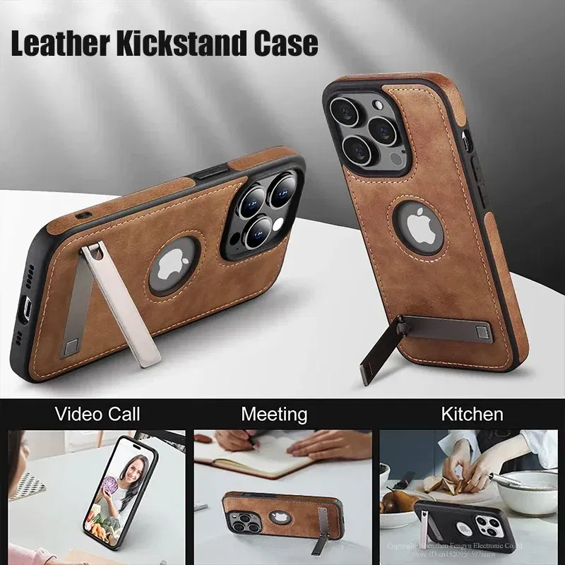 Color: Beige, Material: PE - PU Leather Kickstand Phone Cases for iPhone 15 Pro Max 14 Plus 11 13 12 Mini Mobile Case with Holder Luxury Slim Shell Cover