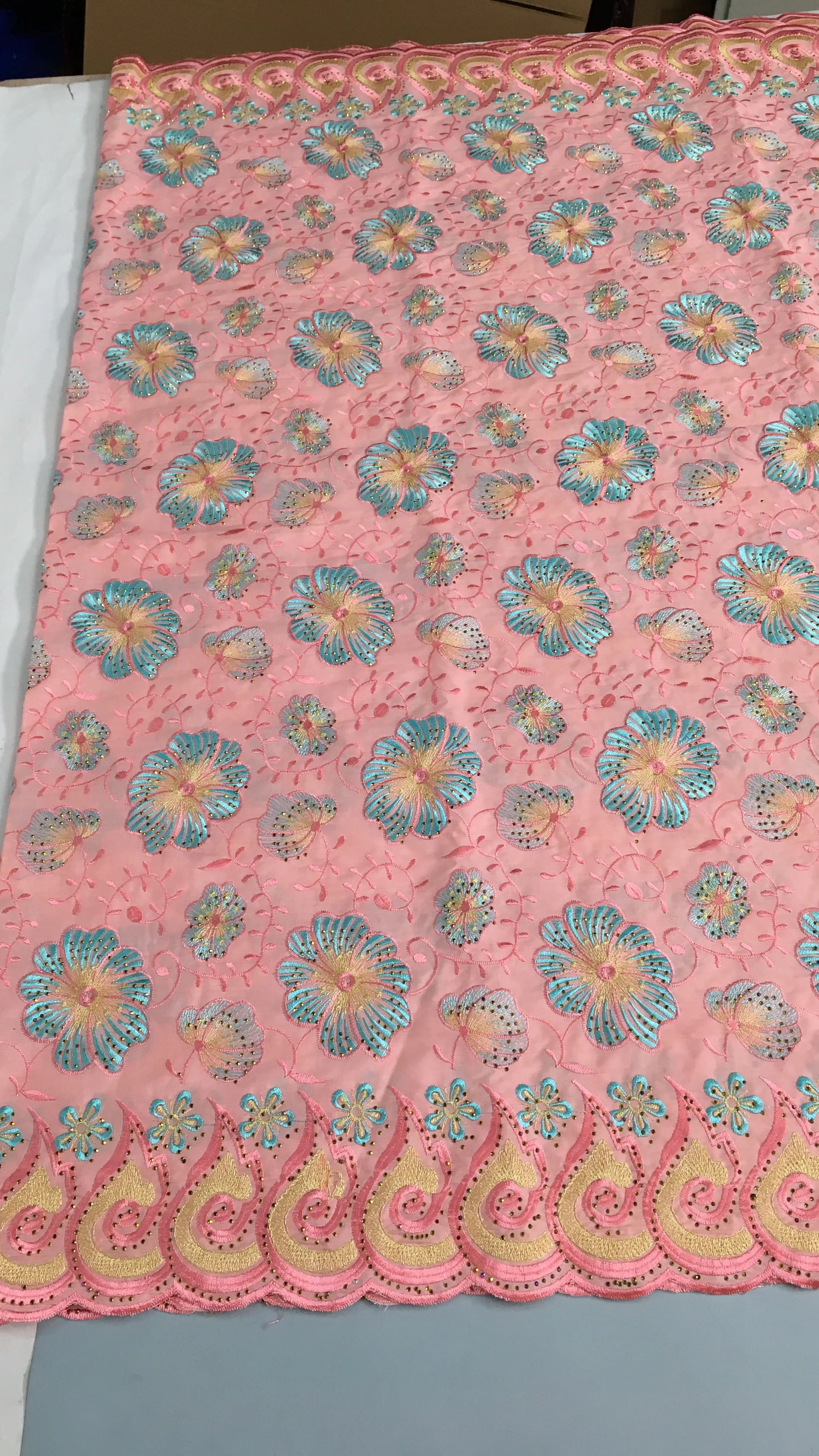 Color: Blue, length: 5 yards, Width: 120cm - Green Nigerian Embroidered Cotton Lace Fabric 2025 High Quality 5 Yards African Swiss Lace Fabric Party Dress for Women A4210