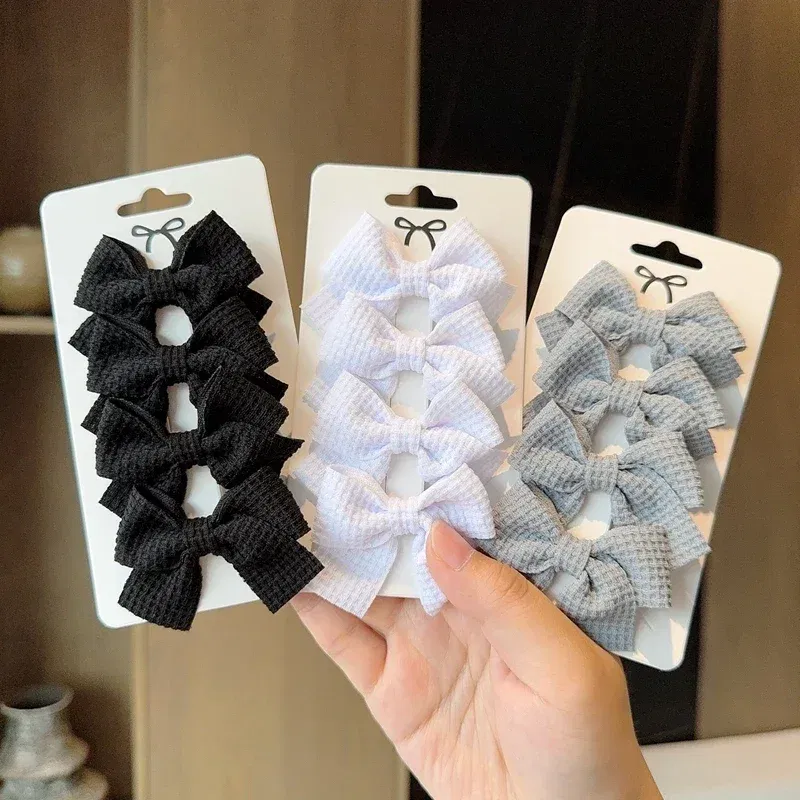 Color: Milky White - 4PCS Soft Cotton Bow Hairpin Girl Sweet Plaid Design Hairpin Color Block Delicate Hairgripe Barrettes Kawaii Child Accessories