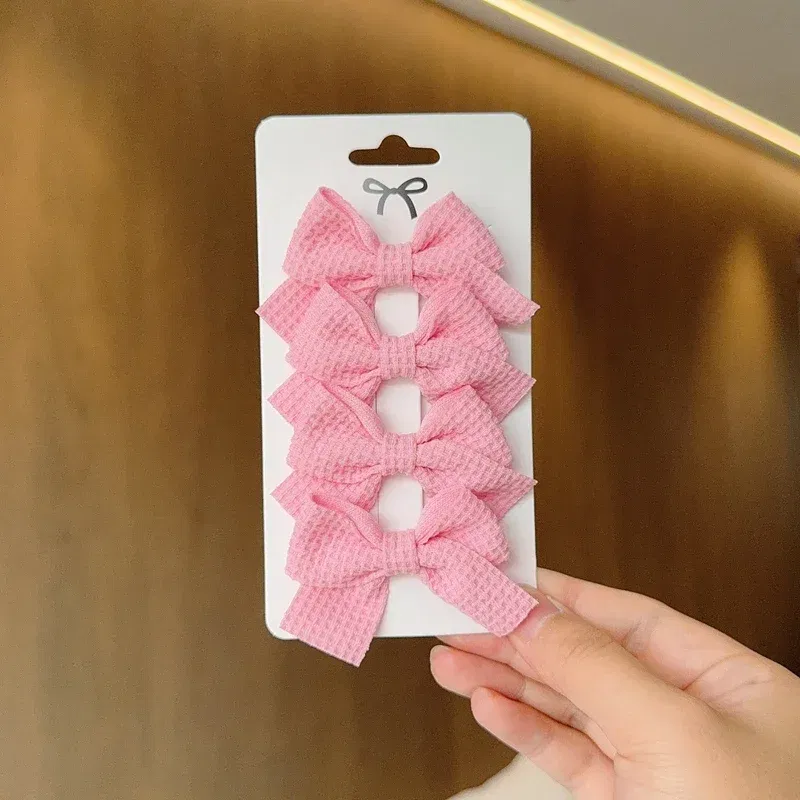 Color: Milky White - 4PCS Soft Cotton Bow Hairpin Girl Sweet Plaid Design Hairpin Color Block Delicate Hairgripe Barrettes Kawaii Child Accessories