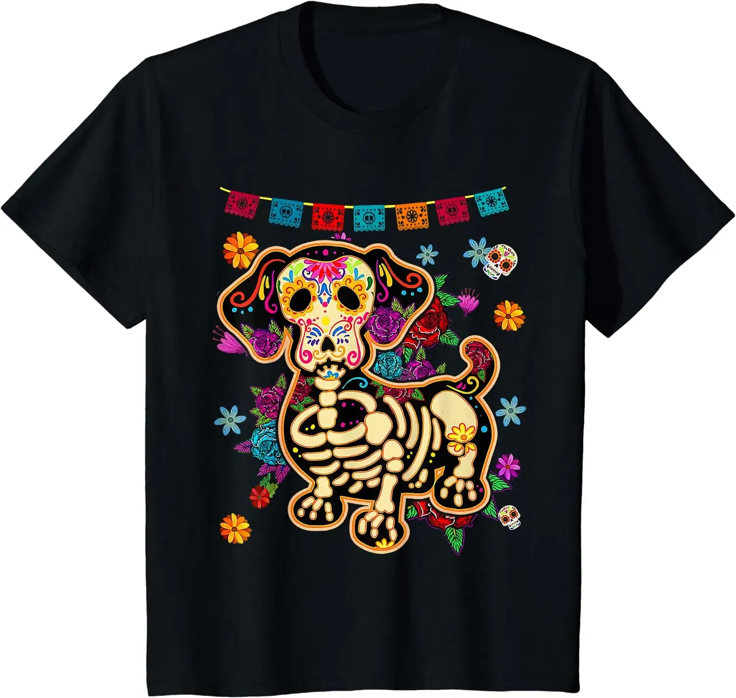 Color: black, Size: L - Sugar Skull Mexican Dachshund Bone Halloween Day of Dead T-Shirt Casual Cotton Four Seasons Graphic T Shirts Funny T Shirts