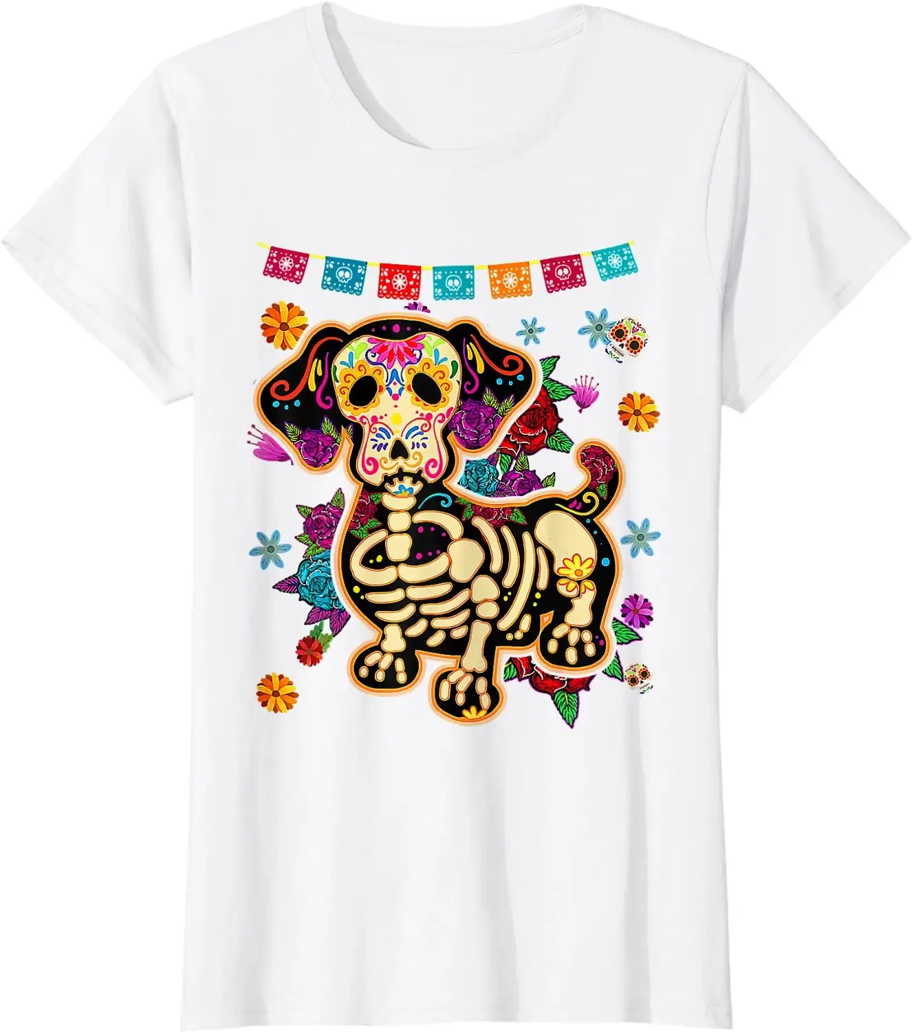 Color: black, Size: L - Sugar Skull Mexican Dachshund Bone Halloween Day of Dead T-Shirt Casual Cotton Four Seasons Graphic T Shirts Funny T Shirts