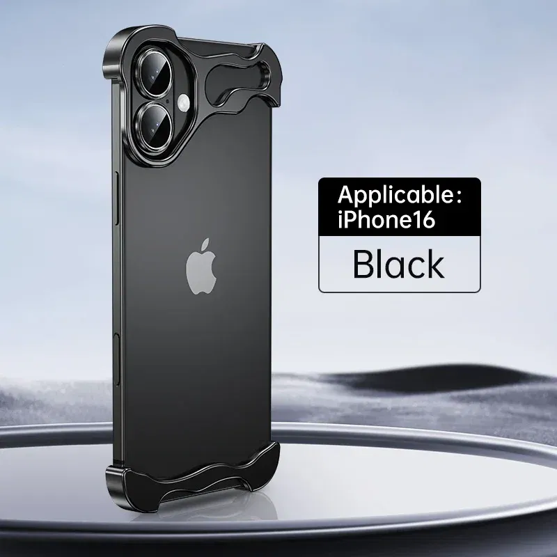 Color: black, Material: Genuine leather - Aluminum Metal Rimless Phone Case for iPhone 16 15 14 Plus 13 12 Pro Max Lens Protective Film Hollow Logo Cooling Accessory Case