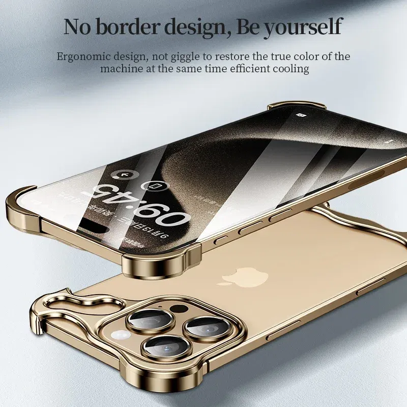 Color: black, Material: Genuine leather - Aluminum Metal Rimless Phone Case for iPhone 16 15 14 Plus 13 12 Pro Max Lens Protective Film Hollow Logo Cooling Accessory Case